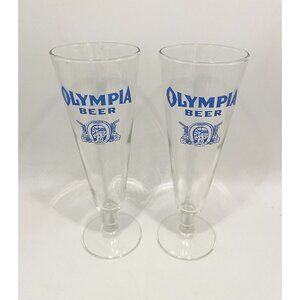 Set of 2 Vintage OLYMPIA Beer Glasses 8.5" Pilsner Blue Good Luck Logo 1970s